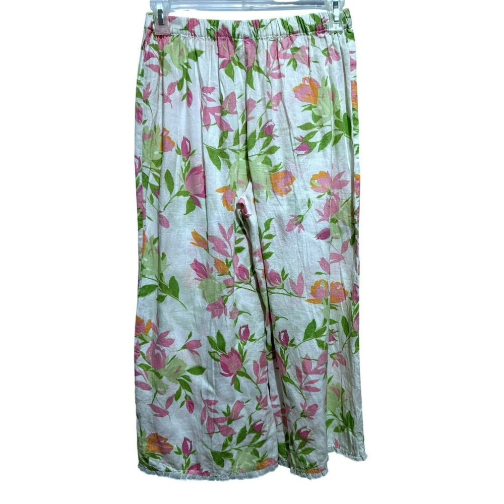 Vtg Cotton Connection Wide Leg Pants Ruffle Trim Sz M Linen Flora Elastic Waist